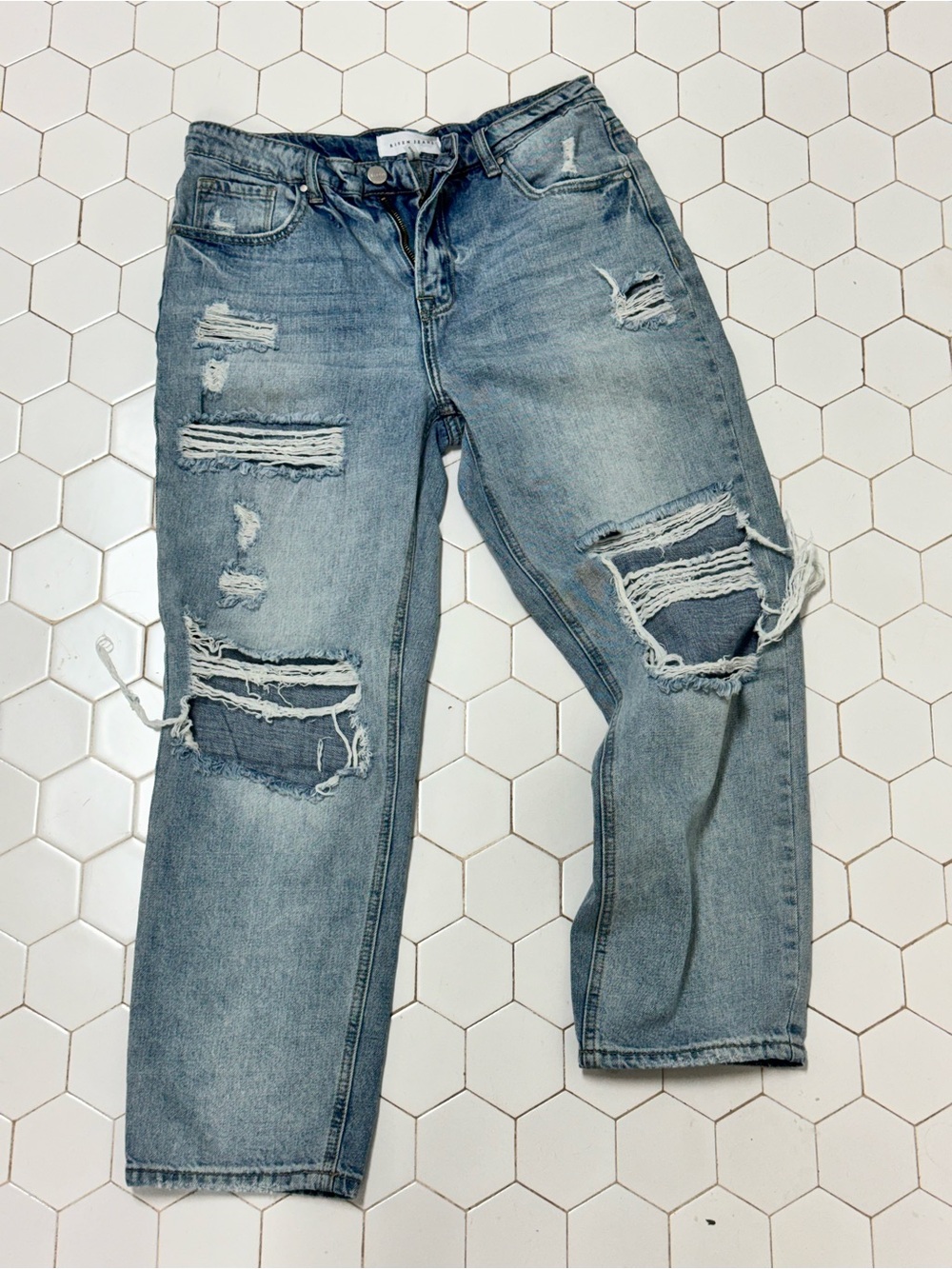Risen Distressed Ankle-Length Jeans - Light Blue